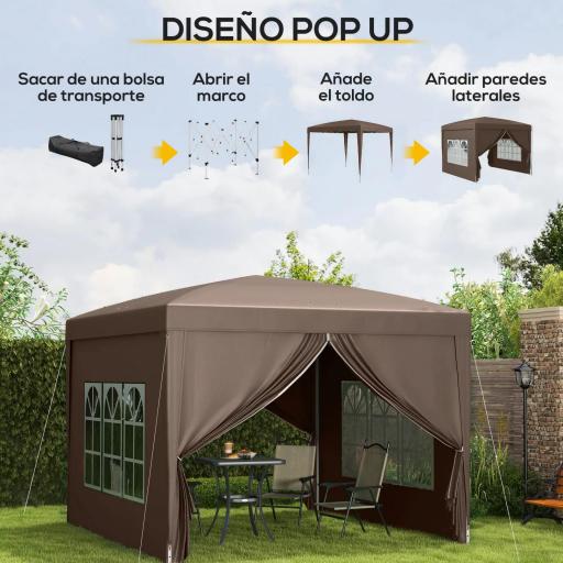 Carpa Plegable Pop-up 3x3 m con 4 Paredes Laterales Anti-UV y Bolsa de Transporte Café [7]