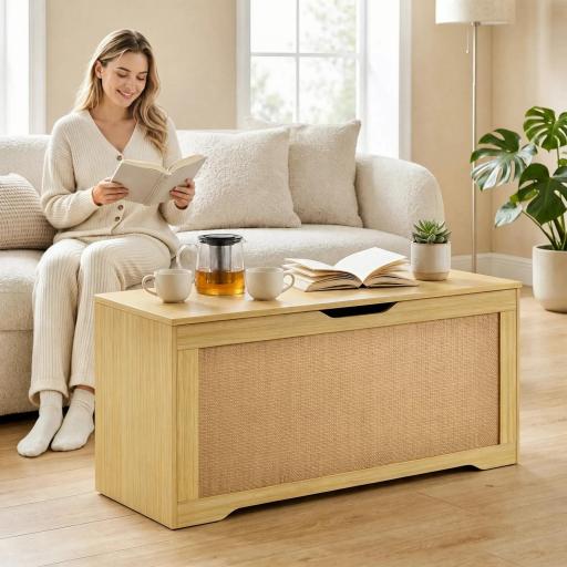 Baúl de Almacenaje 136L Banco de Almacenaje con Panel de Ratán Tapa Brazos de Soporte para Recibidor 100x40x45cm Roble [2]