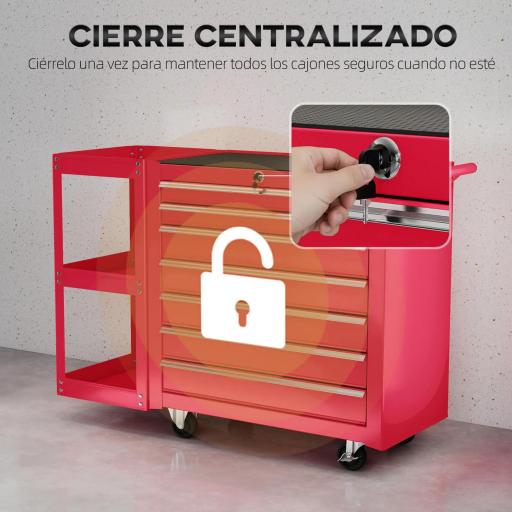 Carro de Herramientas con 7 Cajones Estantería de 3 Niveles Desmontable Sistema de Cierre Central Asa Rojo [3]