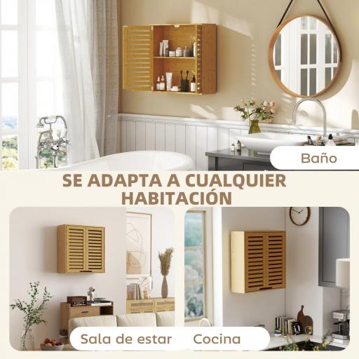 Armario de Baño de Pared de Bambú Mueble de Baño Colgante con Estante Ajustable Puertas de Lamas Natural [8]