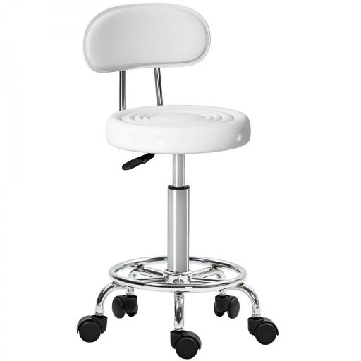 Taburete Giratorio con Respaldo y Ruedas Silla Ajustable para Salón de Belleza Estudio de Tatuajes 32x40x70-86cm Blanco [9]