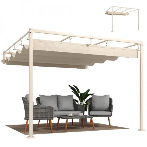 Pérgola de Pared de Jardín 3x3 m con Techo Retráctil Protección UPF30+ Drenaje Cenador de Jardín para Exterior Beige [9]