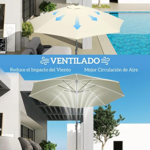 Sombrilla Terraza Exterior con Luces LED Protección UV50+ Poste de Aluminio Manivela Techo Ventilado Ø300x256 cm Crema [6]