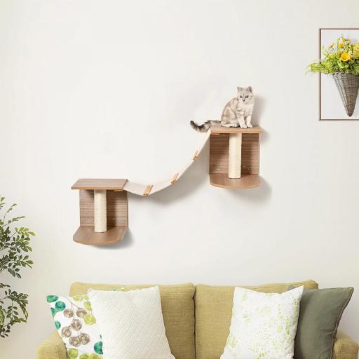 Estantes de Pared Gatos Escaleras de Tela para Gatos con Plataformas y Postes Rascadores de Sisal Centro de Actividades de Escalada 129x40x31,5 cm Marrón Claro