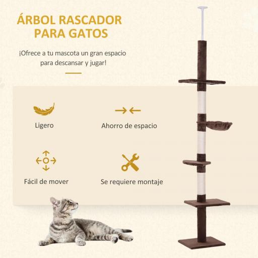 Árbol para Gatos de Suelo a Techo de 230-260 cm con Altura Ajustable Plataformas Hamaca y Postes de Sisal Marrón [6]