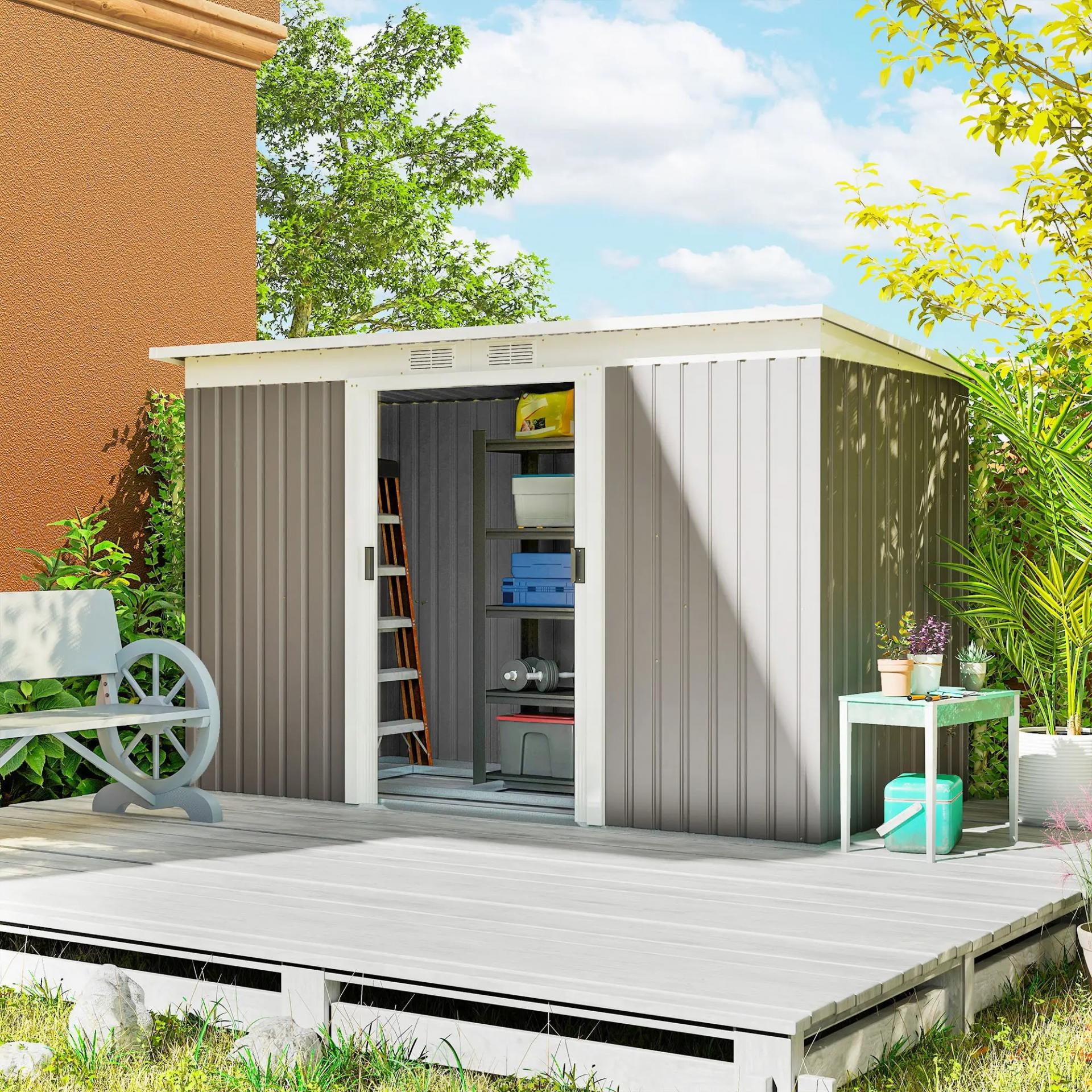 Caseta de Jardín Exterior 3,2 m² 280x130x172 cm Cobertizo de Jardín con Puertas Correderas y Ventilaciones Gris Claro