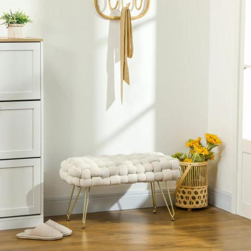 Banco Pie de Cama Tapizado en Terciopelo Reposapiés con Patas de Metal y Asiento Acolchado Crema