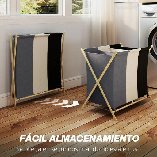 Cesto para Ropa Sucia Plegable con 3 Compartimentos Capacidad 129L con Marco de Bambú y Bolsas Extraíbles Multicolor [5]
