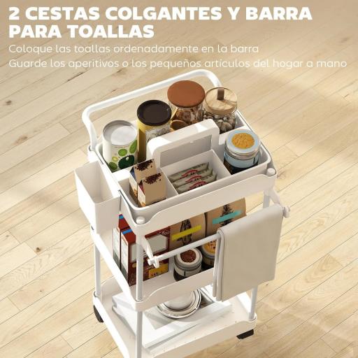 Carrito Auxiliar con Ruedas de 3 Niveles Carrito de Cocina con Cestas Extraíbles y Soporte para Toallas Blanco [6]