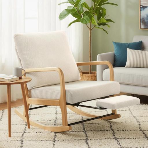 Silla Mecedora Nórdica con Reposapiés Respaldo Ajustable Mecedora de Pana Patas de Madera y Reposabrazos Cojín Crema