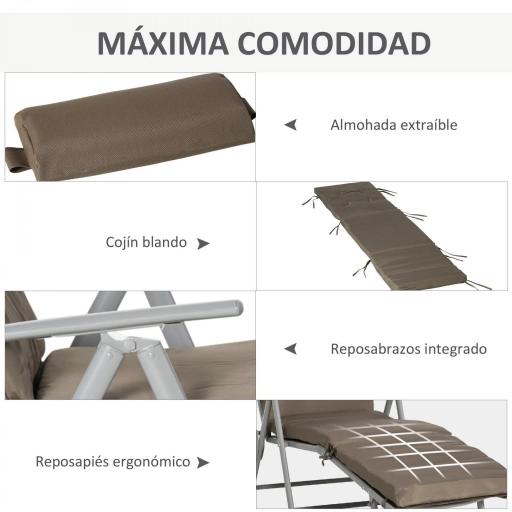 Tumbona Plegable de Jardín con Respaldo Ajustable en 7 Posiciones Cojín Cuerpo Entero y Cabeza 137x63,5x100,5 cm Marrón [4]