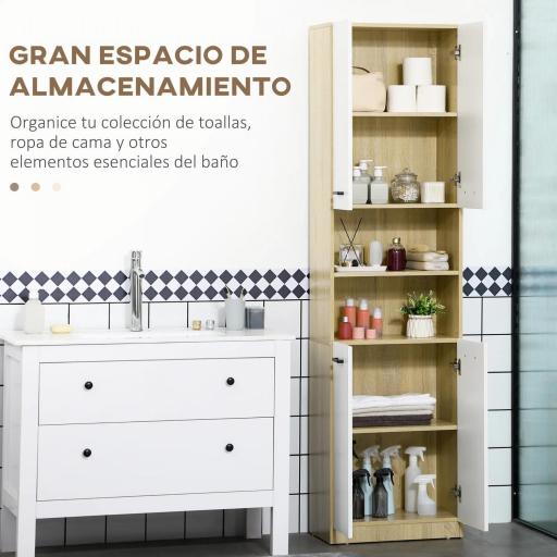 Armario Alto de Baño con 4 Puertas 2 Estantes Abiertos y Estantes Ajustables 53x33,5x195,7 cm Blanco y Roble [2]