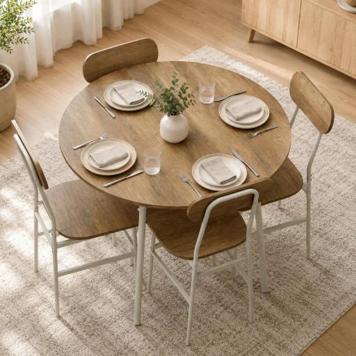 Juego de Mesa y 4 Sillas de Comedor Estilo Industrial Marco Metálico para Espacios Pequeños Salón Natural y Blanco [6]
