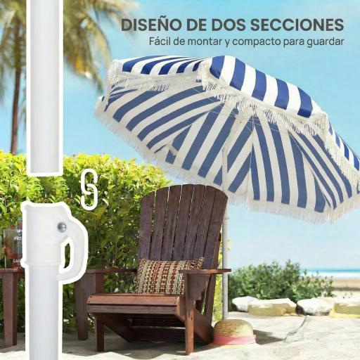 Sombrilla de Playa con Flecos Ø180 cm Sombrilla de Terraza Exterior con Altura Ajustable Inclinación 30° Azul y Blanco [6]
