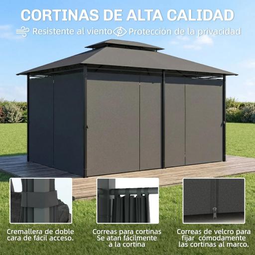 Cenador para Jardín 3x4 m Pabellón de Jardín Gazebo con Doble Techo 6 Paredes Laterales Estructura Metálica Gris [2]