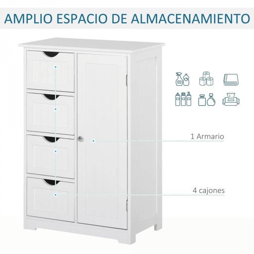 Armario Auxiliar de Baño Mueble para Baño con Puerta 4 Cajones y Estante Ajustable para Cocina Salón 56x30x83 cm Blanco [5]