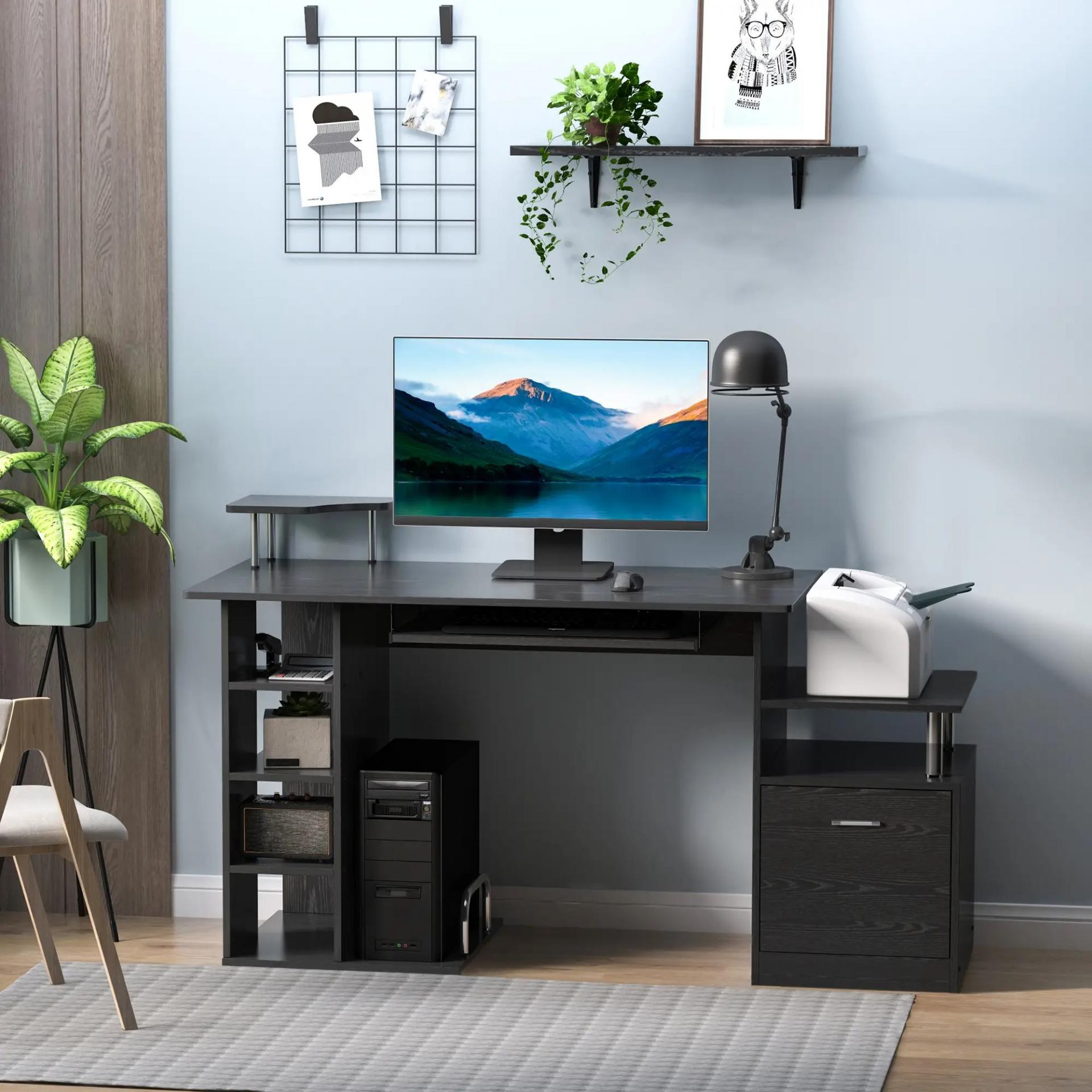 Mesa de Escritorio con 6 Estantes Cajón Bandeja de Teclado y Soportes para Monitor Impresora 152x60x88 cm Negro