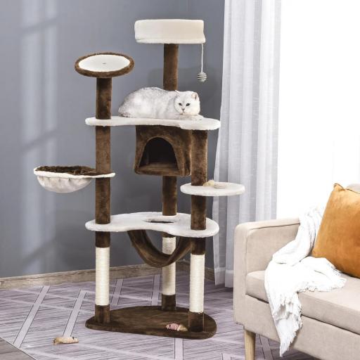 Torre para Gatos Grande 65x50x153 cm con Múltiples Plataforma Poste Hamaca Bolas de Juguete y Cueva Marrón