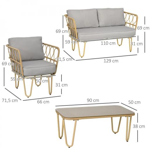 Conjunto de Jardín de Ratán Sintético con Sofá Doble 2 Sillones y Mesa de Centro con Encimera de Cristal y Cojines [1]
