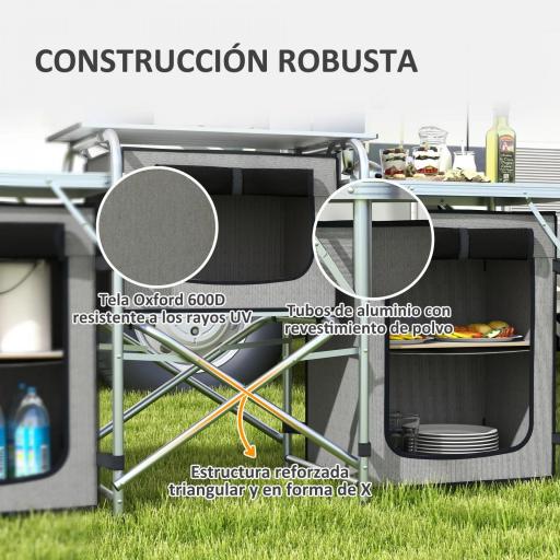 Mueble de Cocina para Camping Plegable con 3 Mesas 4 Ganchos Poste de Luz y Bolsa de Transporte 172x48x130 cm Gris [5]