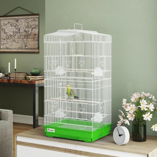 Jaula para Pájaros con Bandeja Extraíble, Perchas y Columpio, 46,5x35,5x92 cm, Verde