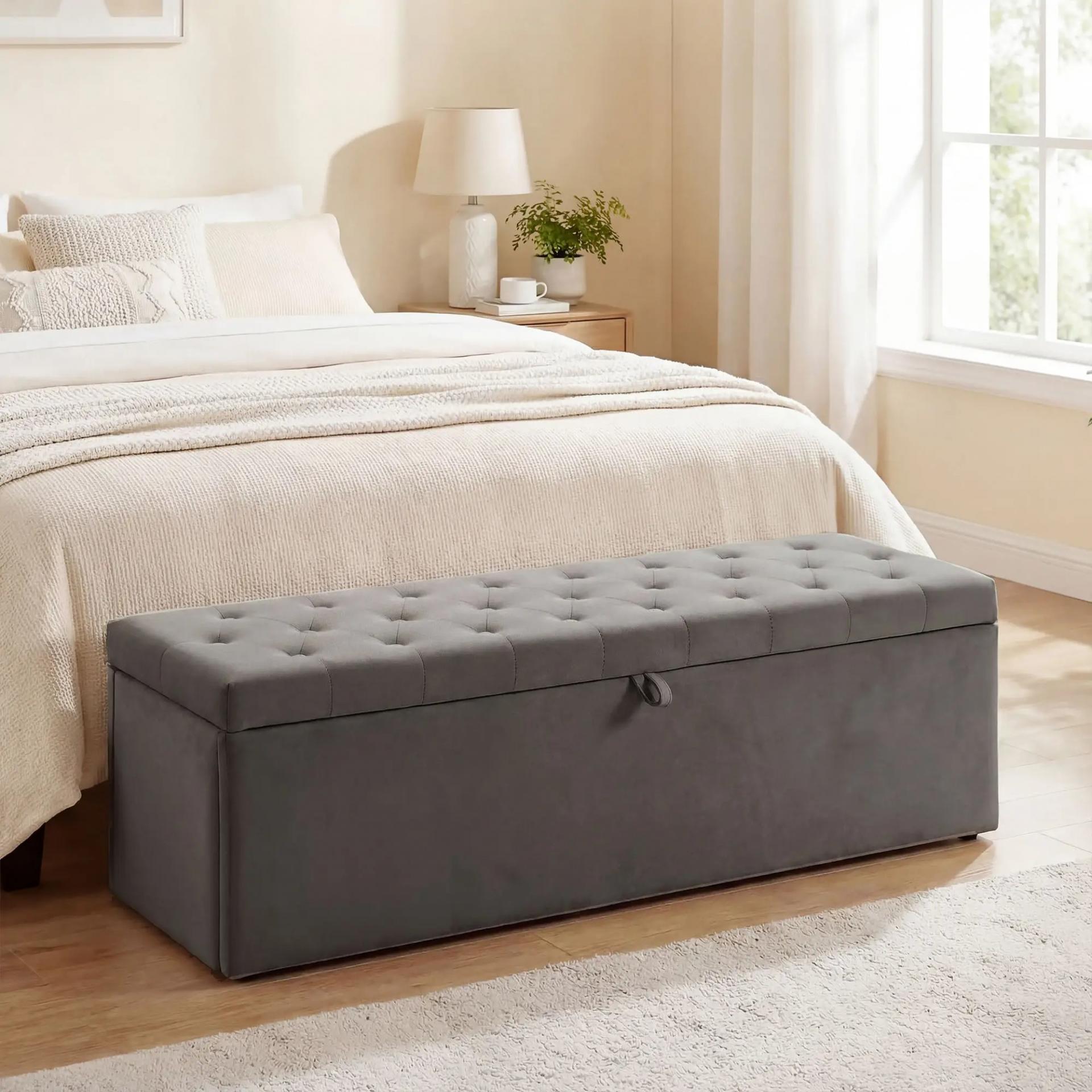 Puff Almacenaje, Banco Almacenaje 141L 137x41x42 cm Tapizado en Terciopelo Baúl de Almacenamiento Carga 240 kg Gris