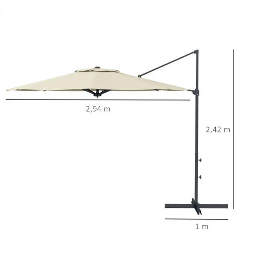 Sombrilla de Jardín Ajustable Ø294x242 cm con Poste Giratorio 360° Ángulo de Techo Ajustable y Ventilación Crema [3]