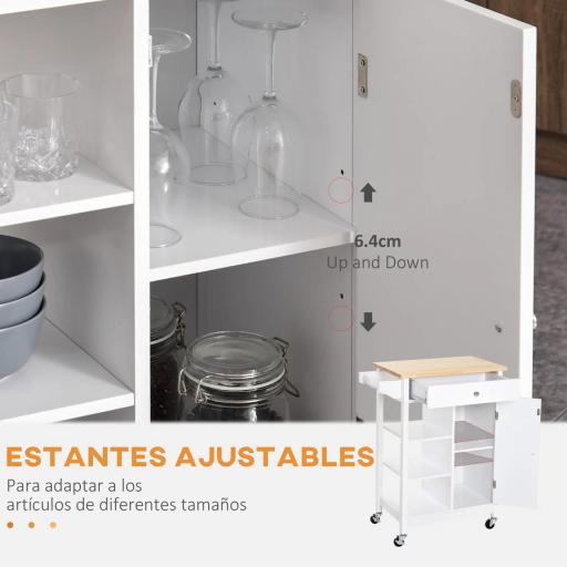 Carrito de Cocina Carro Auxiliar con Ruedas 1 Cajón 1 Armario 3 Estantes Abiertos de Almacenamiento para Comedor 66x39,5x86,5 cm Blanco [5]