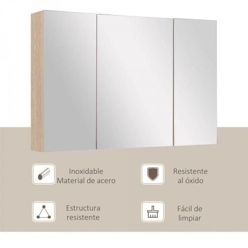 Armario de Baño con Espejo 3 Puertas y Estantes Ajustables para Aseo Estilo Moderno 90x60x13,5 cm Roble [5]