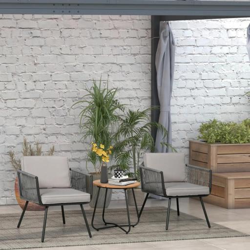 Conjunto de Muebles de Jardín de Ratán 3 Piezas Incluye 1 Mesa y 2 Sillones con Cojines Acolchados Gris