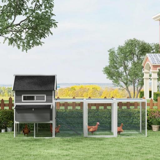 Gallinero de Exterior de Madera para 8-10 Gallinas con 2 Nidos Bandeja Extraíble y Rampa 347x160x150 cm Gris y Blanco [7]