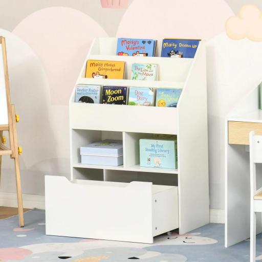 Estantería Infantil de Madera con 3 Compartimentos 2 Cubos y Cajón Móvil con 4 Ruedas 60x29,9x90 cm Blanco [9]