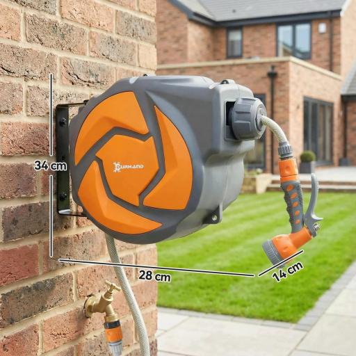 Manguera Retráctil de Pared con Carrete de 10+1 m con Retorno Enrollado Automático y Boquilla de 7 Funciones Gira 180° [1]