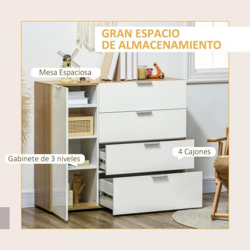 Aparador de Salón Cajonera y Cómoda con 4 Cajones Puerta y Estantes Ajustables 105x35x92 cm Blanco y Natural [7]