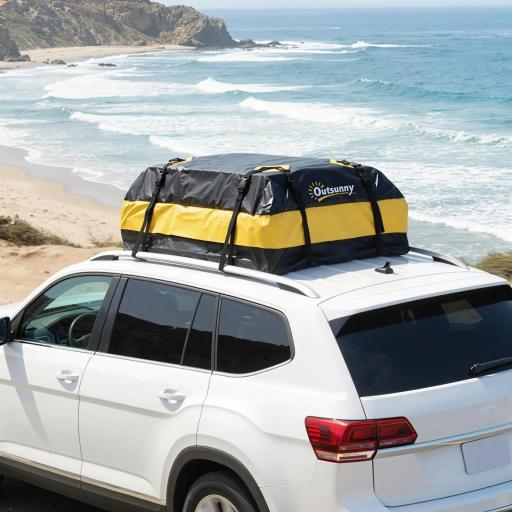 Bolsa de Techo para Coche 425L Impermeable con 8 Correas Alfombrilla Antideslizante Ganchos para Vehículos Amarillo