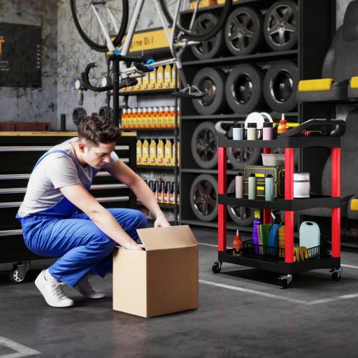 Carro de Herramientas con 3 Estantes Ruedas y Asas para Garaje Mecánico Hogar Carga 91 kg Rojo y Negro [3]