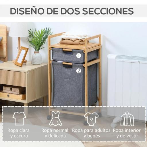 Cesto para Ropa Sucia Cesta para la Colada de Bambú con 2 Bolsas de Tela Extraíbles y Ruedas 42x35x84,5 cm Gris [4]