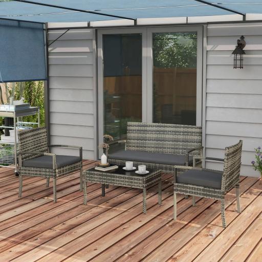 Juego de 4 Piezas Muebles de Jardín con 2 Sillones 1 Sofá de 2 Plazas y 1 Mesa de Centro de Tablero de Vidrio Gris [7]