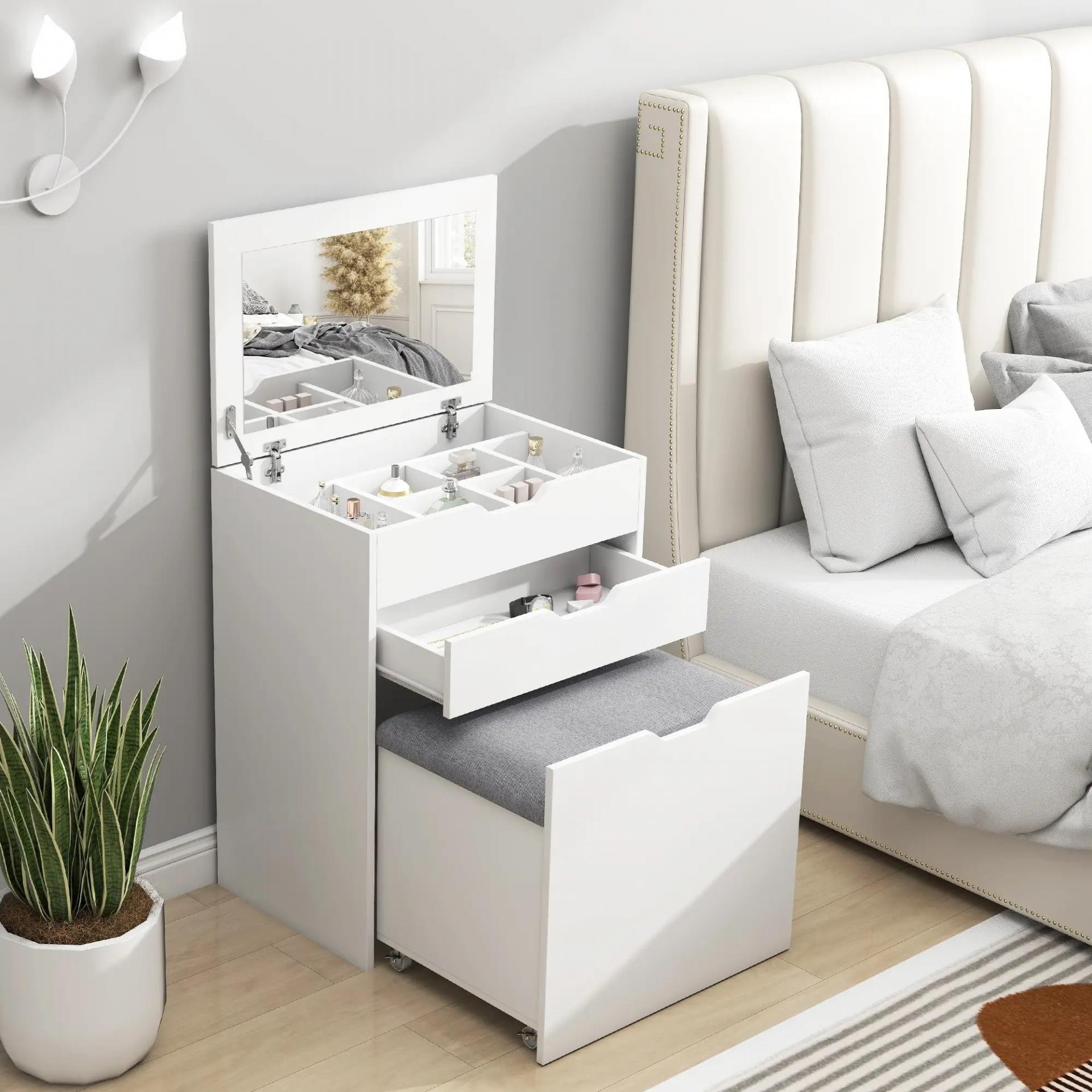 Tocador de Maquillaje con Taburete Oculto Espejo Abatible Cajón y 7 Compartimentos Taburete con Almacenamiento Blanco