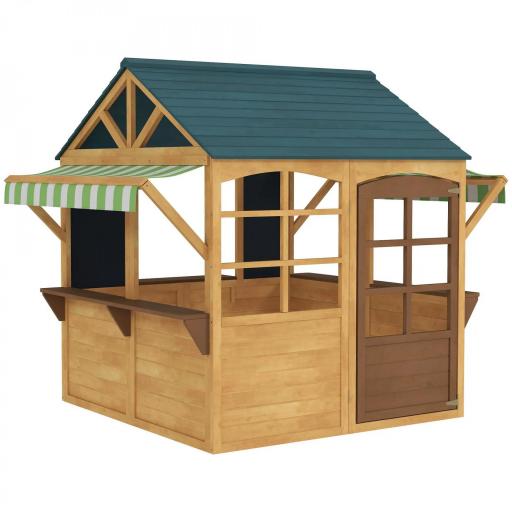 Casita de Juegos Infantil de Madera con Ventanas Pizarras Tejado y Toldo 173x117x144 cm Madera Natural [10]