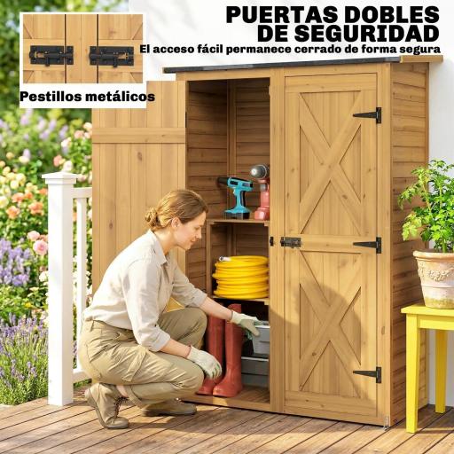 Caseta de Jardín de Madera 115x53x156 cm Armario para Herramientas con Puertas Dobles y Estantes Techo Inclinado Marrón [6]