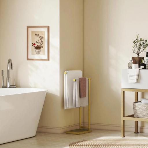 Toallero de Pie con 2 Barras y Marco Metálico Toallero de Baño Moderno en Forma de L 35,5x20x78 cm Dorado [2]
