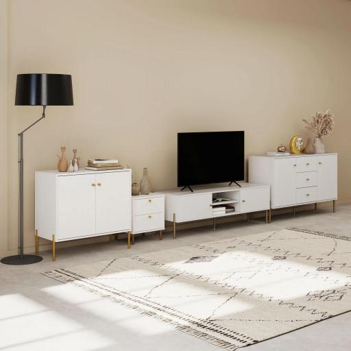 Mueble de TV Moderno con 2 Puertas 2 Estantes Abiertos Orificios Pasacables para TV 65 Pulgadas 140x38x45,9 cm Blanco [6]