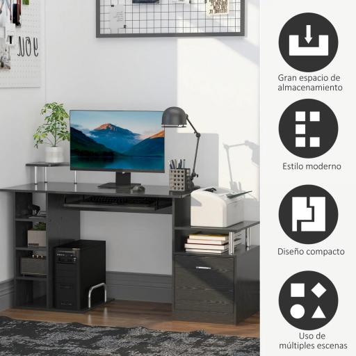 Mesa de Escritorio con 6 Estantes Cajón Bandeja de Teclado y Soportes para Monitor Impresora 152x60x88 cm Negro [2]