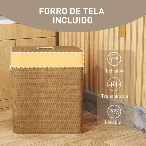 Cesto de Ropa Sucia de Bambú con 2 Compartimentos Asas para Facilitar el Uso y Bolsas Desmontables Lavables 52x32x63 cm [3]