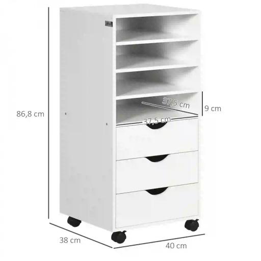 Cajonera de Oficina con 3 Cajones y 4 Estantes Abiertos Cajonera Escritorio con Ruedas para Oficina 38x40x86,8 cm Blanco [1]