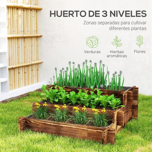 Arriate de Jardín de 3 Niveles con Diseño de Escalera y Tela no Tejida para Cultivos Flores 93x93x35 cm Carbonizado [5]