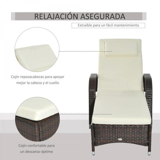 Tumbona de Ratán de Jardín Chaise Longue con Respaldo Ajustable en 5 Posiciones Cojines Acolchados Reposacabezas y 2 Ruedas Carga 160 kg 200x73x30-103 cm Crema y Marrón [5]