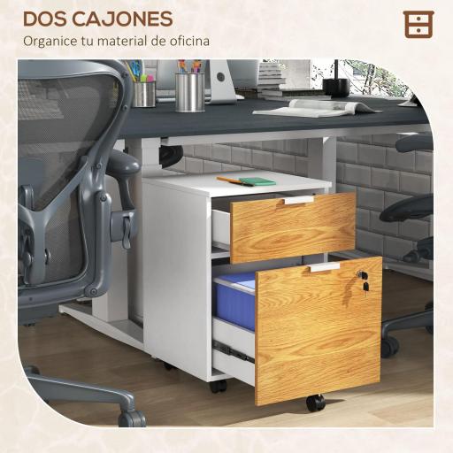Mueble Archivador con Ruedas 2 Cajones Barra Colgante para Carpetas A4 y Carta Cerradura 42x40x60 cm Blanco y Natural [2]