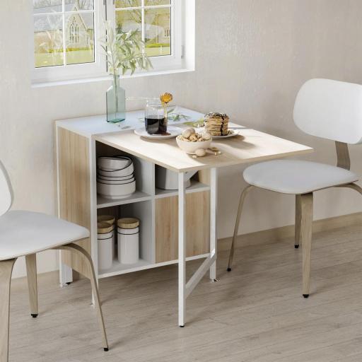 Mesa Plegable de Comedor, Mesa de Cocina Plegable, con Alas Abatibles, 4 Compartimentos, 3 Formas, Hasta 4 Personas, para Salón, Espacio Pequeño, 169x60x75 cm, Roble y Blanco [2]